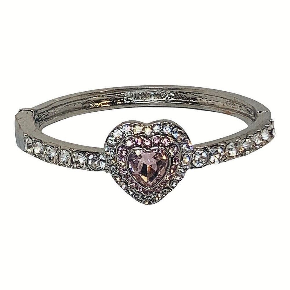 Monet Heart Bracelet 7" Silver Tone Pink Rhinestone Valentine Clamper